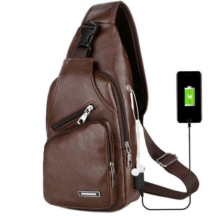 Brown faux leather crossbody sling bag with USB charging port and multiple zippered pockets