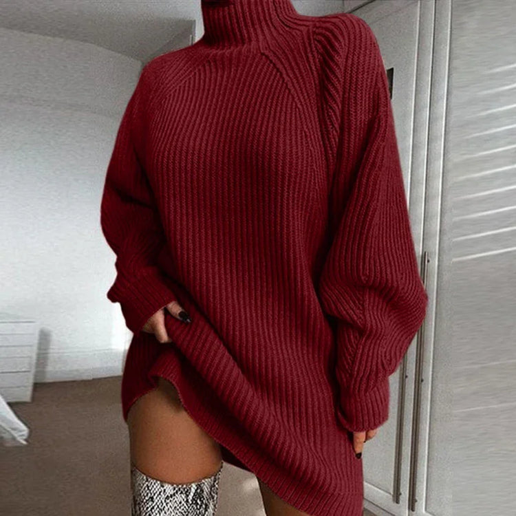 Oversized burgundy ribbed knit sweater dress with turtleneck and relaxed fit
