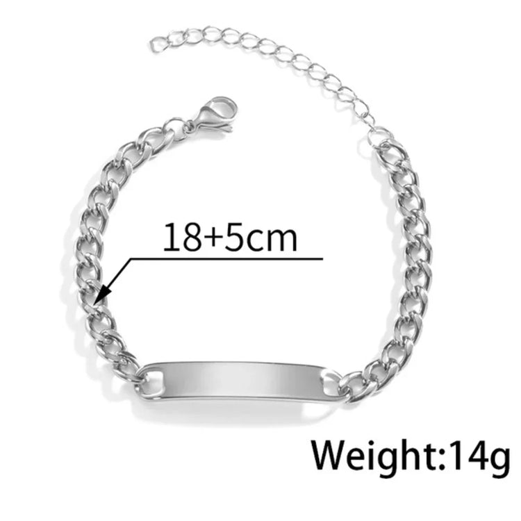 Silver curb chain bracelet with blank ID plate, adjustable length, stainless steel, 18+5cm