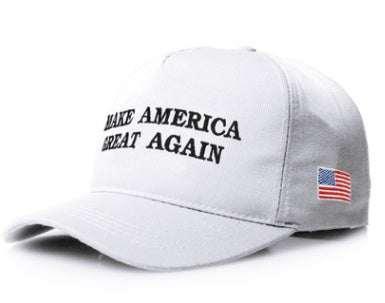 White cotton baseball cap with curved brim, embroidered slogan, and American flag patch on the side