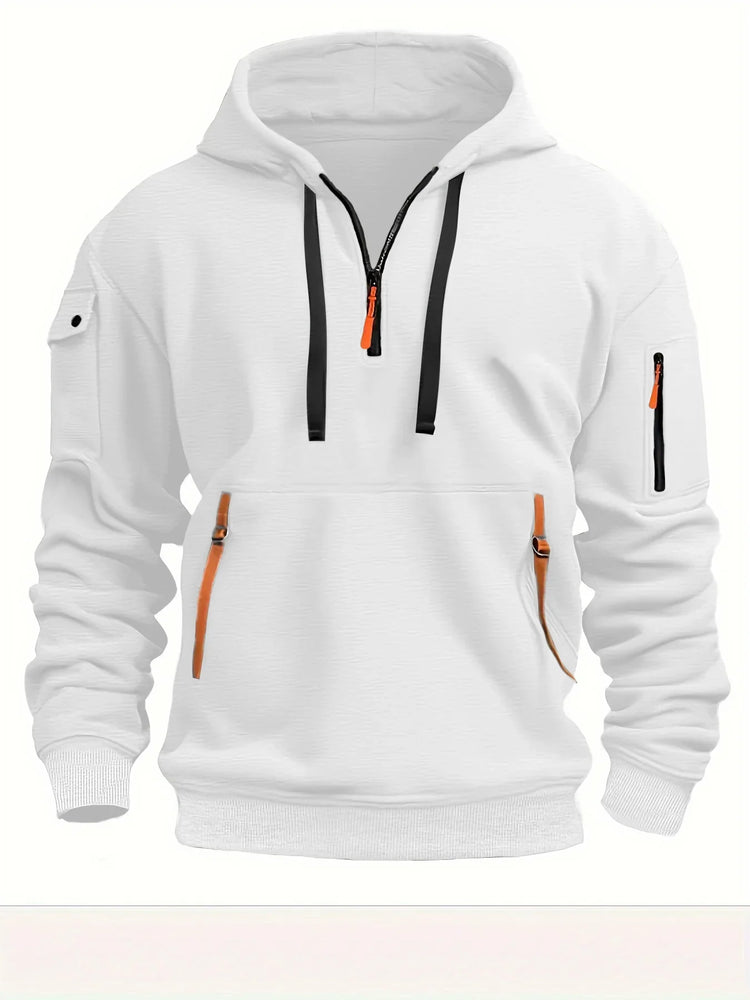 White streetwear hoodie with orange zipper accents and multiple utility pockets, relaxed fit