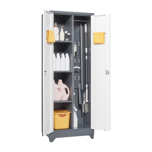 Gray And White Color Metal Lockers, Cleaning Tool Cabinets With Locking Doors, High Broom Tool Storage Cabinets, Adjustable Shelves, Large Cabinets For Kitchens, Offices, Shops.65 Inches