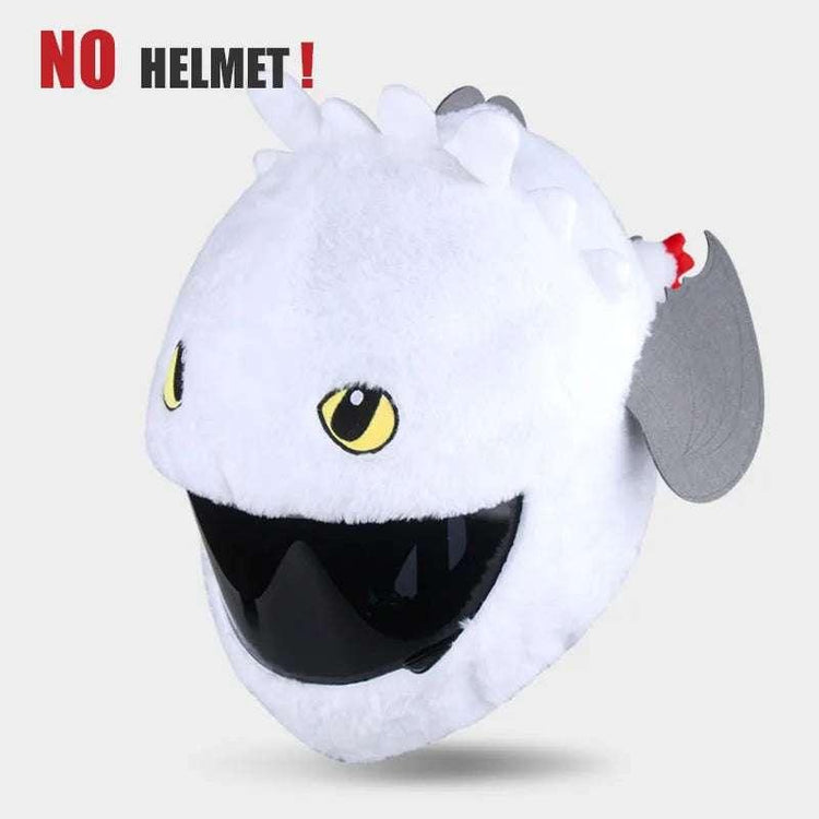 Plush white dragon helmet cover with yellow eyes, soft fabric, and playful design accessories.