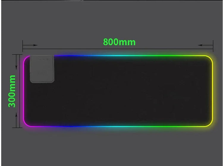 Large black RGB gaming mouse pad, 800mm by 300mm, with glowing neon edge.