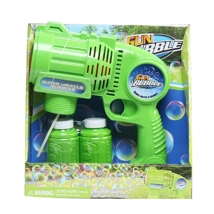 Bright green plastic bubble toy blaster with two refill bottles in retail packaging.