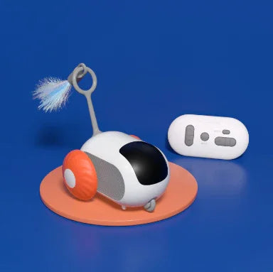 Futuristic white and orange remote control cat toy with feather teaser, plastic material, modern design