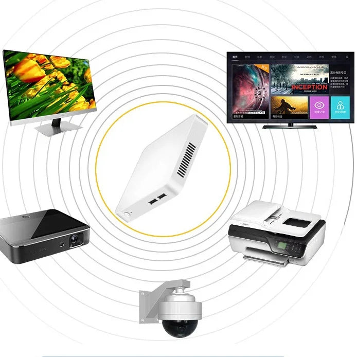 White wireless router device surrounded by monitor, TV, projector, printer, and security camera