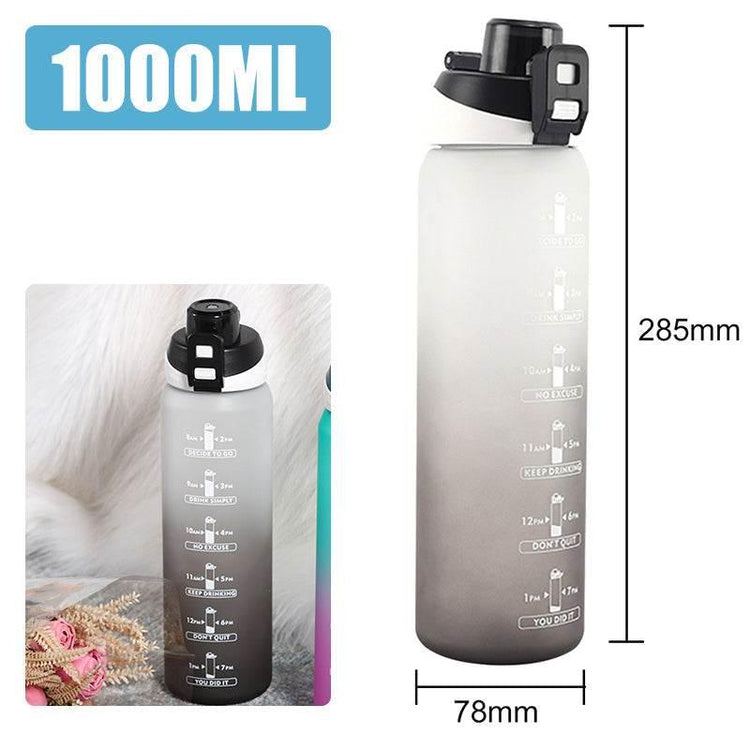Matte gradient water bottle, 1000ml, with motivational time markers, leakproof flip lid, 285mm tall.