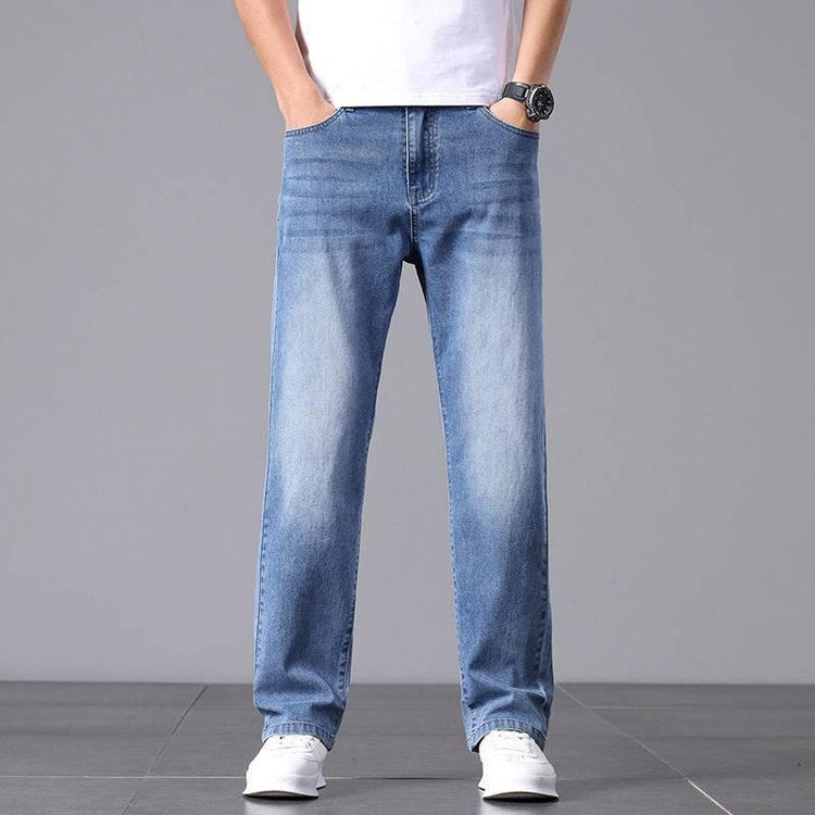 Men’s light blue straight leg jeans, relaxed fit, classic faded denim style