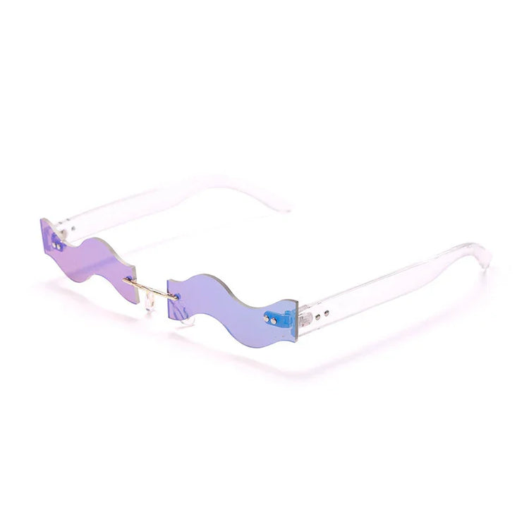 Wavy rimless sunglasses with purple-blue gradient lenses and clear plastic arms