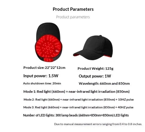 Black adjustable baseball cap with red LED light therapy interior, modern tech streetwear accessory