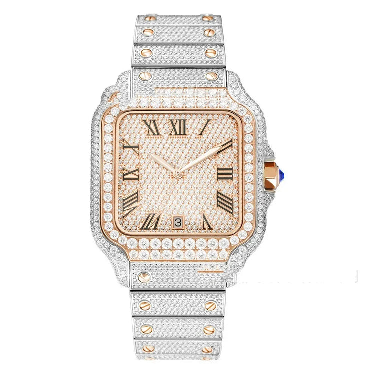 Luxury silver and gold watch with Roman numerals, encrusted with diamonds, classic square face