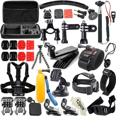 Assorted black action camera mounts, straps, float, and accessories on white background.