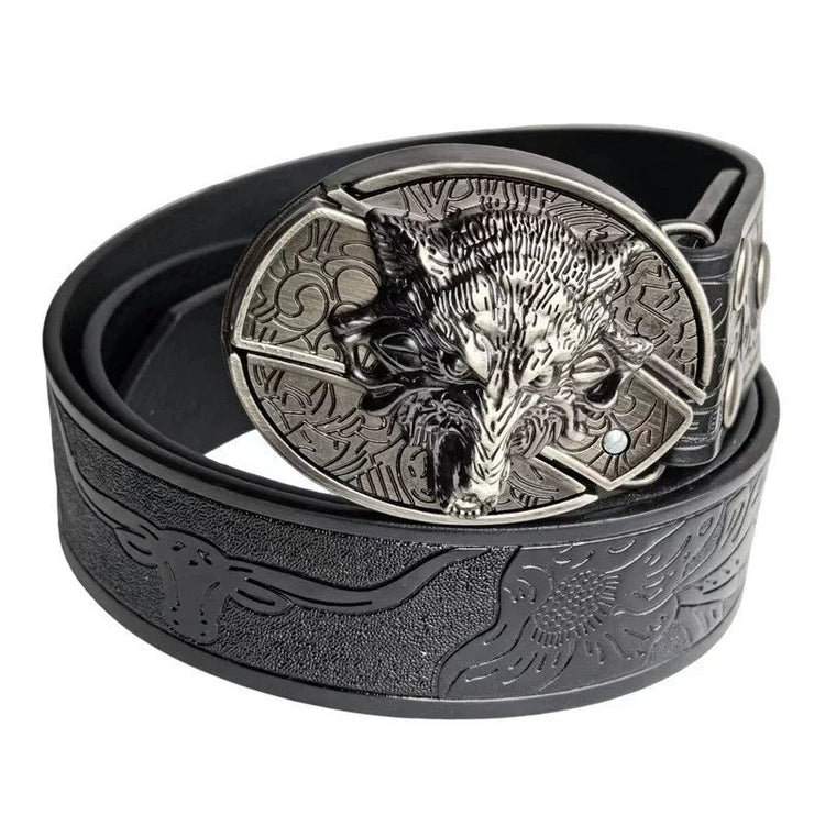 Black leather belt with embossed designs and large metal wolf head buckle, western style accessory