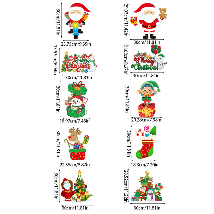 Christmas themed wall decals with Santa, reindeer, snowman, elf, and holiday decorations