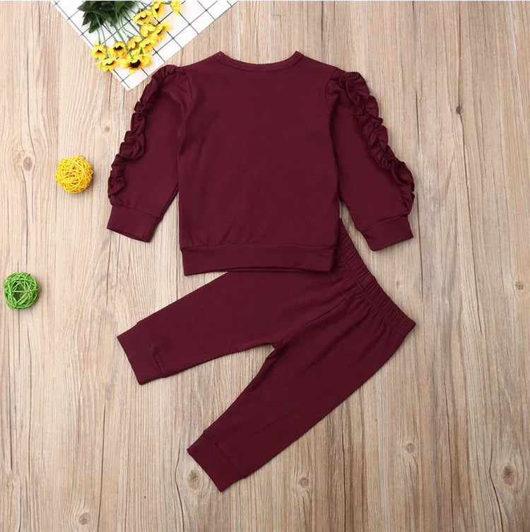 Burgundy ruffle sleeve kids tracksuit set, soft fabric, long sleeves, elastic waist pants