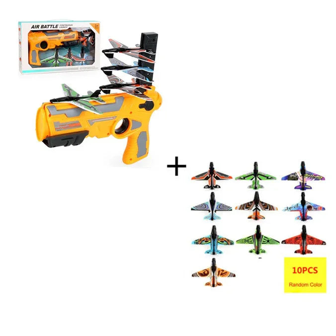 Yellow and gray toy foam plane launcher gun with 10 colorful mini foam airplanes