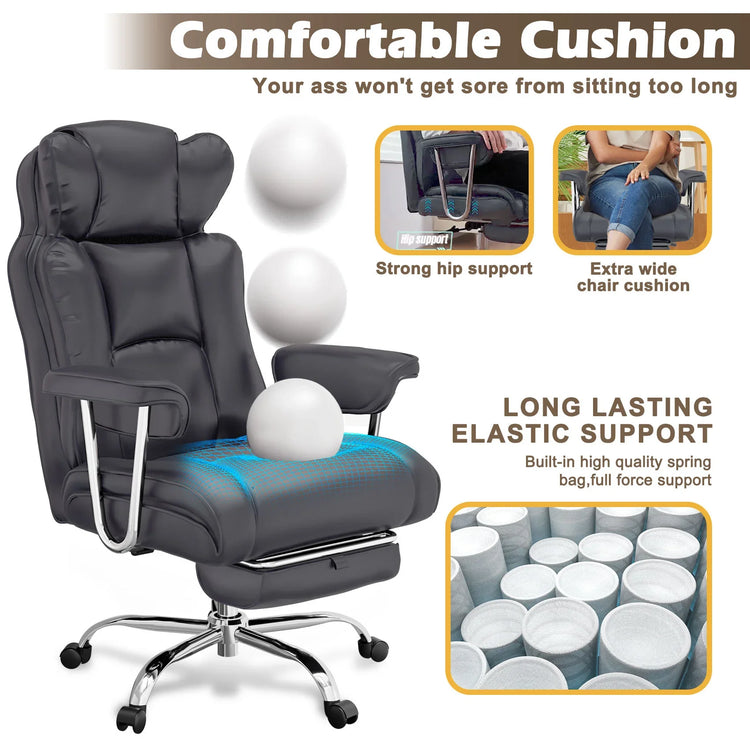 Ergonomic black leather office chair with thick cushioned seat, wide armrests, and strong hip support