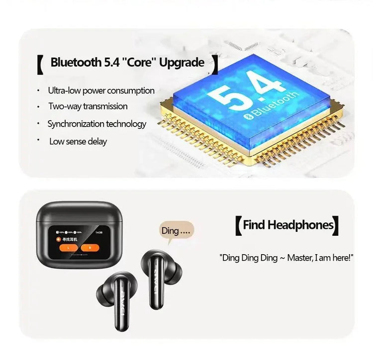 Black wireless earbuds with charging case, Bluetooth 5.4 upgrade, ultra-low power, tech design