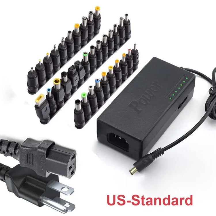 Universal black power adapter with multiple interchangeable plugs and US-standard cord on white background.