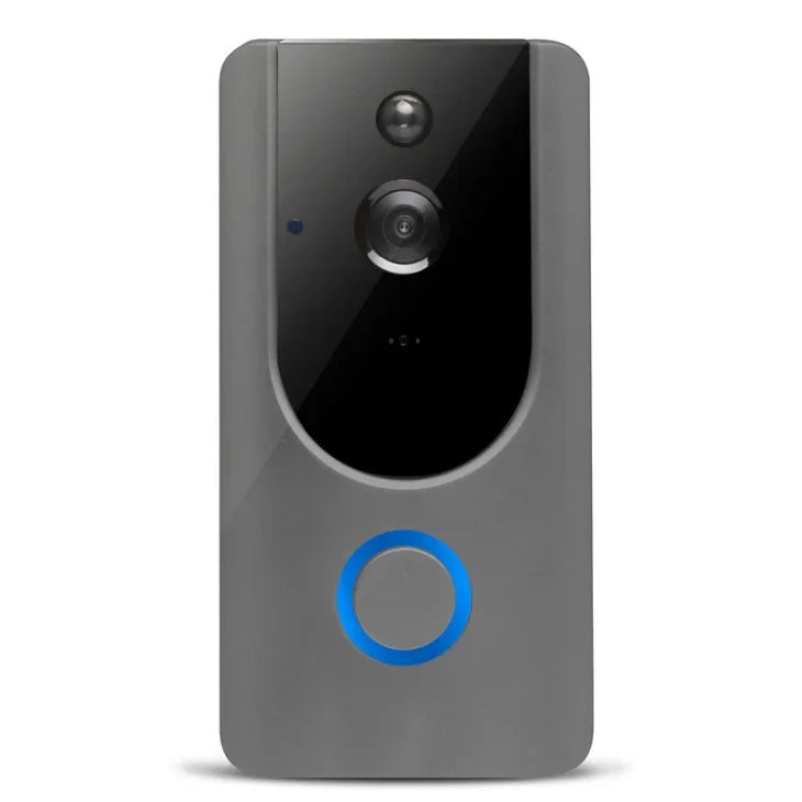 Sleek gray smart doorbell with camera, black panel, and blue LED ring button