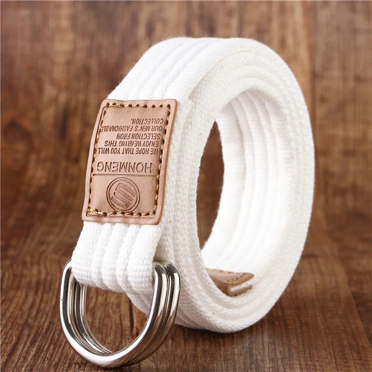 White canvas belt with metal double D-ring buckle and tan leather accent, minimalist style