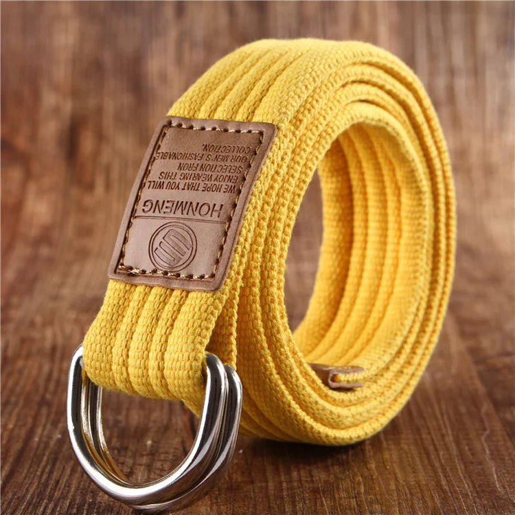 Yellow woven canvas belt with double metal D-ring buckle and brown leather patch, casual fit