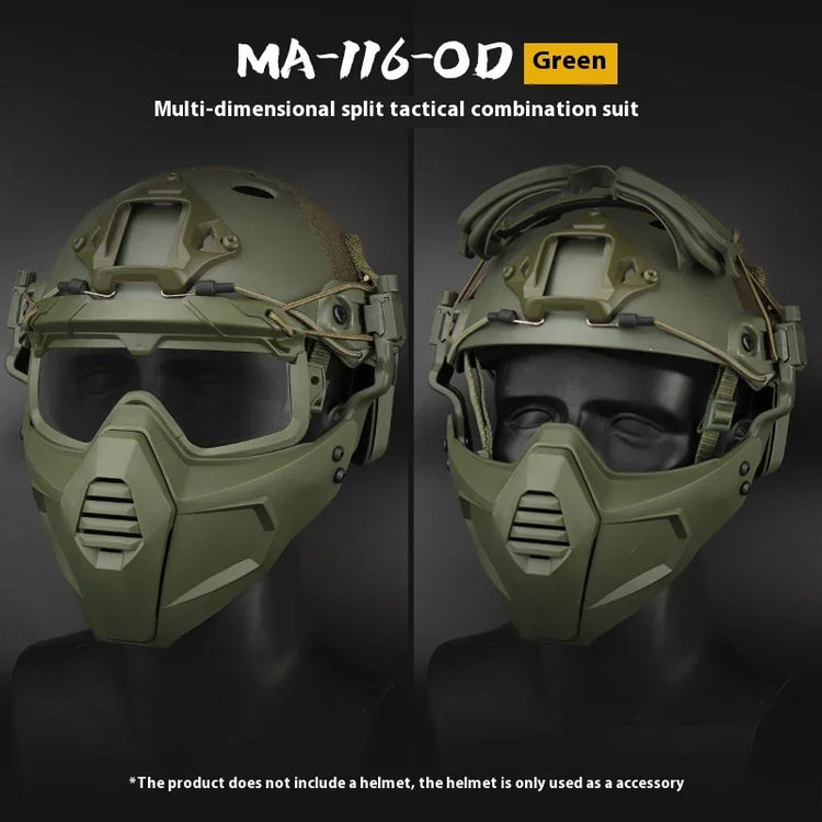 Olive green tactical face mask with modular design, paired with helmet, durable fit.
