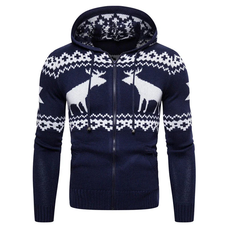 Navy blue knitted zip-up hoodie with white reindeer and geometric pattern, slim fit