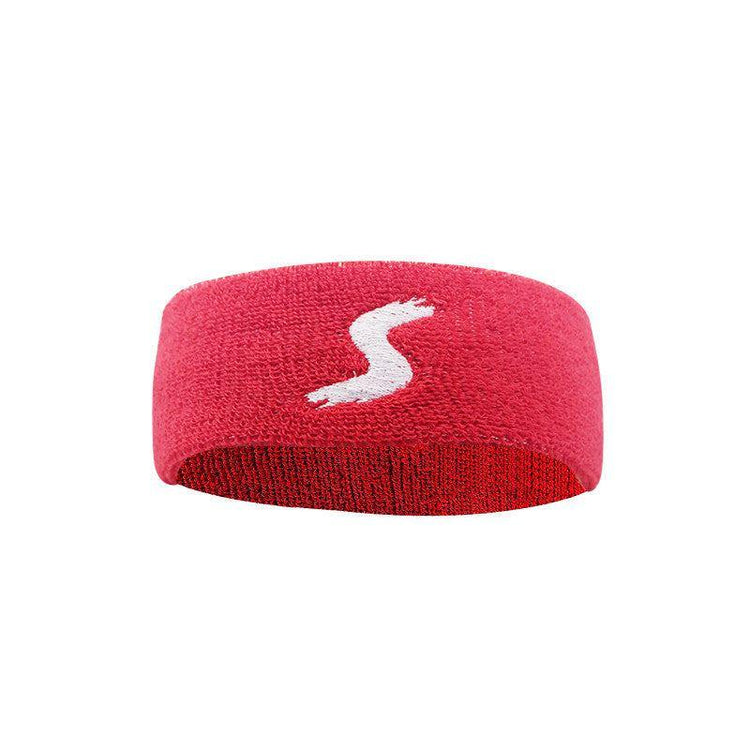 Red terry cloth headband with white embroidered S, sporty streetwear style, snug fit