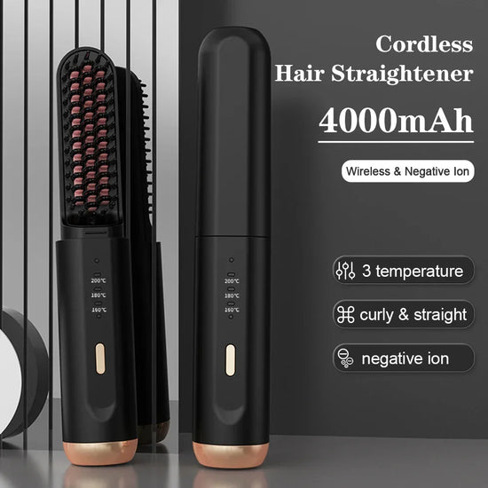 Black cordless hair straightener with gold accents, three temperature settings, modern design