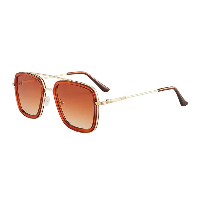 Square oversized sunglasses with brown gradient lenses, gold metal frame, and retro streetwear style
