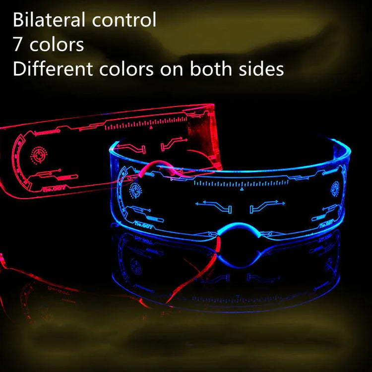 Futuristic LED light-up visor glasses in red and blue colors, techwear accessory, unisex fit