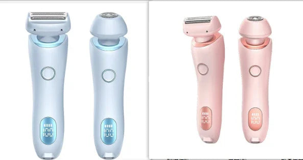 Set of blue and pink electric shavers with rounded heads, ergonomic handles, and LED displays.