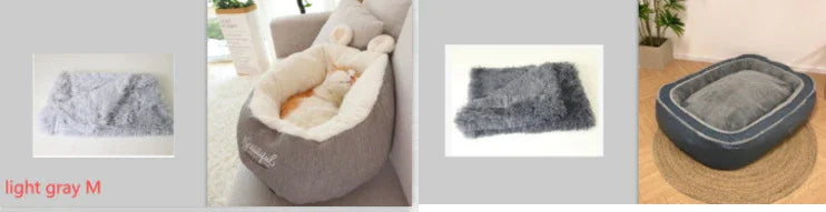 Soft light gray and dark gray plush pet beds in rectangular and oval shapes with cozy padding.