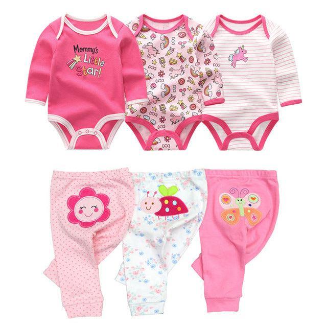 Set of pink and white baby bodysuits and pants with cute animal and floral patterns, cotton, long sleeve, comfortable fit.