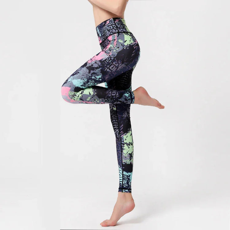 Woman wearing high-waisted, colorful patterned leggings with a slim athletic fit