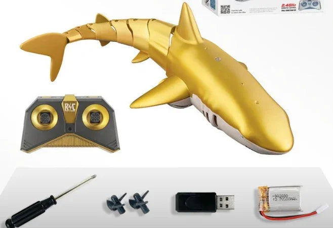Gold remote control robotic shark toy with accessories and USB charger