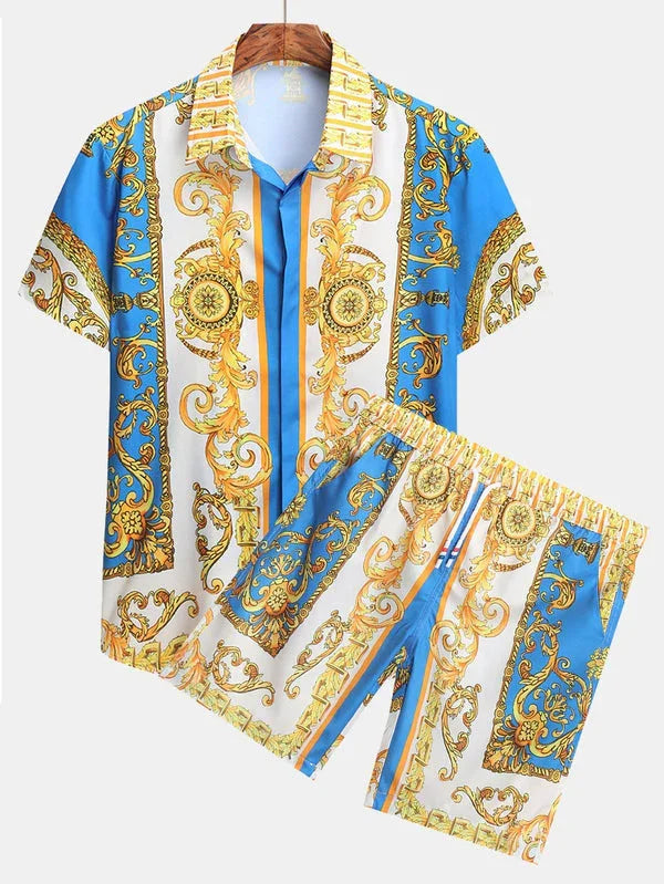 Men’s short sleeve shirt and shorts set with blue, gold, and white baroque print, relaxed fit