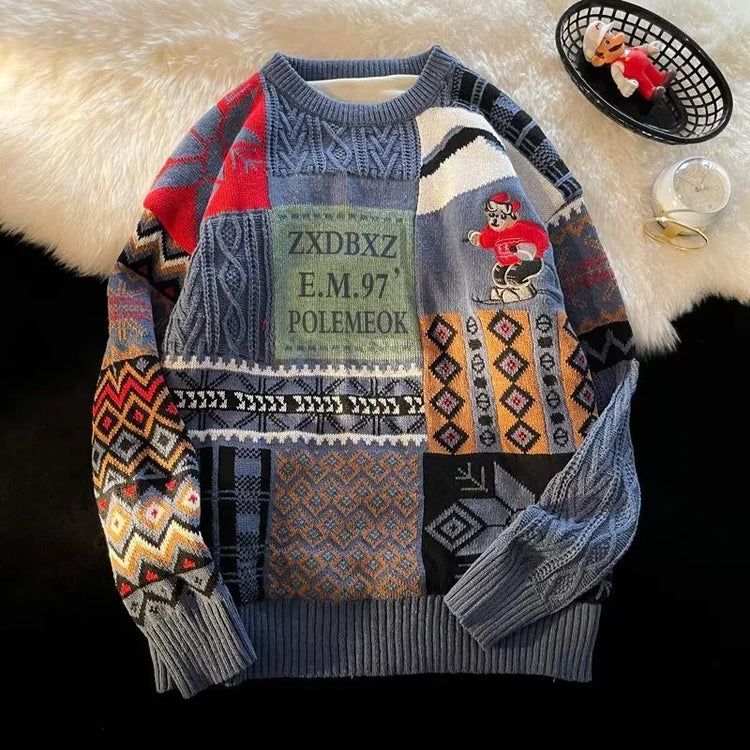Colorful patchwork knit sweater with geometric patterns, loose fit, and mixed colors