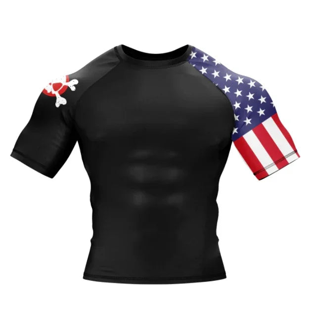 Black fitted short sleeve shirt with American flag and skull print sleeves, athletic streetwear