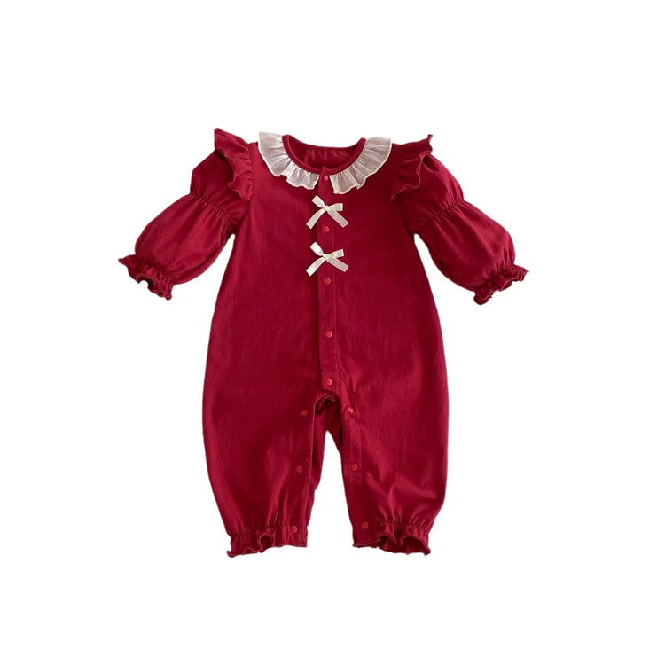Red ruffled long-sleeve baby romper with white bows and frilled collar, loose fit cotton