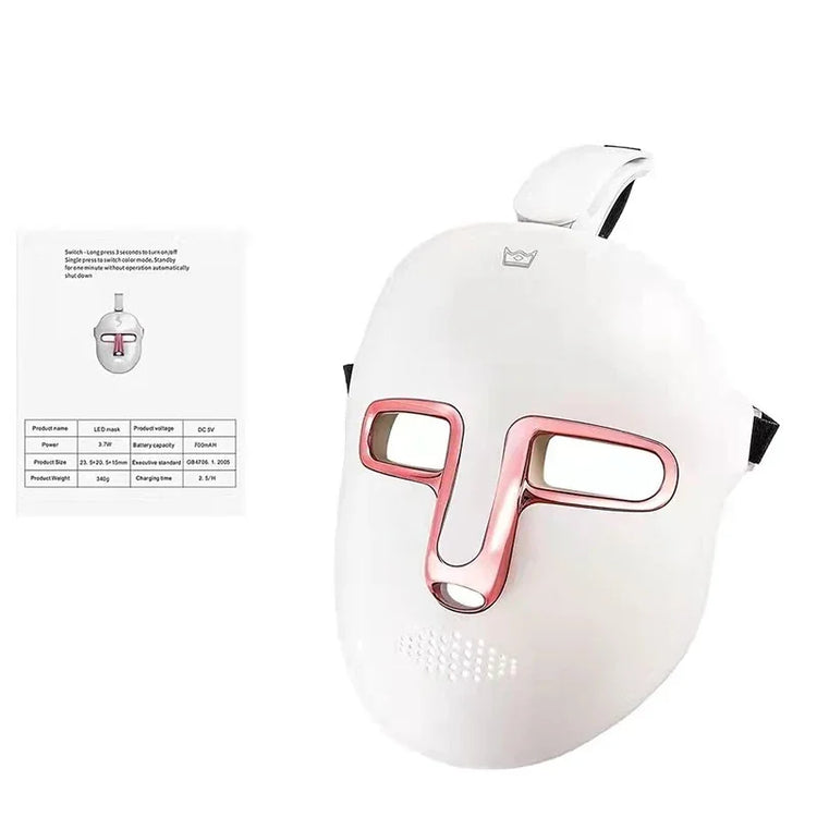 White LED facial mask with pink trim, adjustable fit, and eye openings, shown on white background.