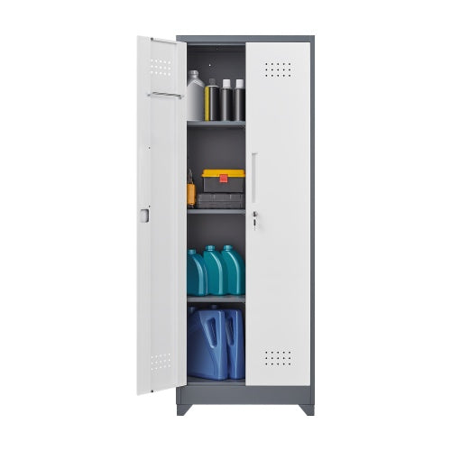 Gray And White Color Metal Lockers, Cleaning Tool Cabinets With Locking Doors, High Broom Tool Storage Cabinets, Adjustable Shelves, Large Cabinets For Kitchens, Offices, Shops.65 Inches