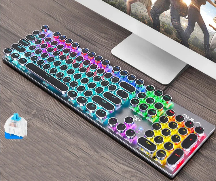 Retro-style mechanical keyboard with round keycaps, multicolor LED backlighting on a desk.