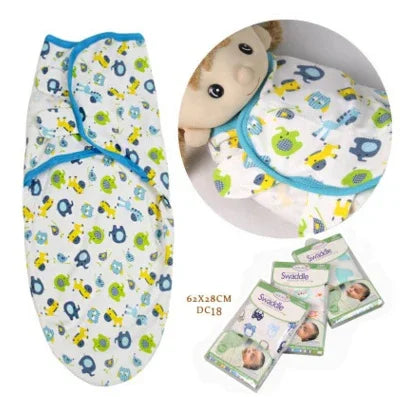 Colorful cartoon animal print baby swaddle blanket, soft cotton, adjustable fit.