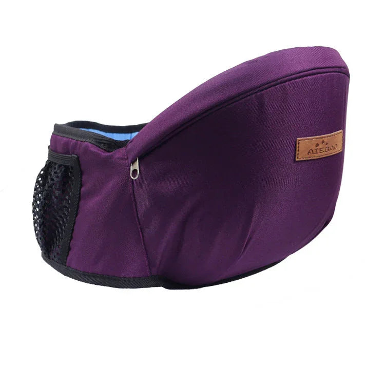 Purple fabric hip seat with mesh pocket, zipper, and padded ergonomic design