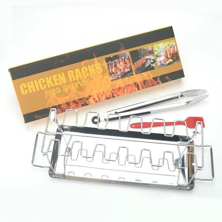 Stainless steel chicken leg and wing rack with grilling tongs and silicone brush