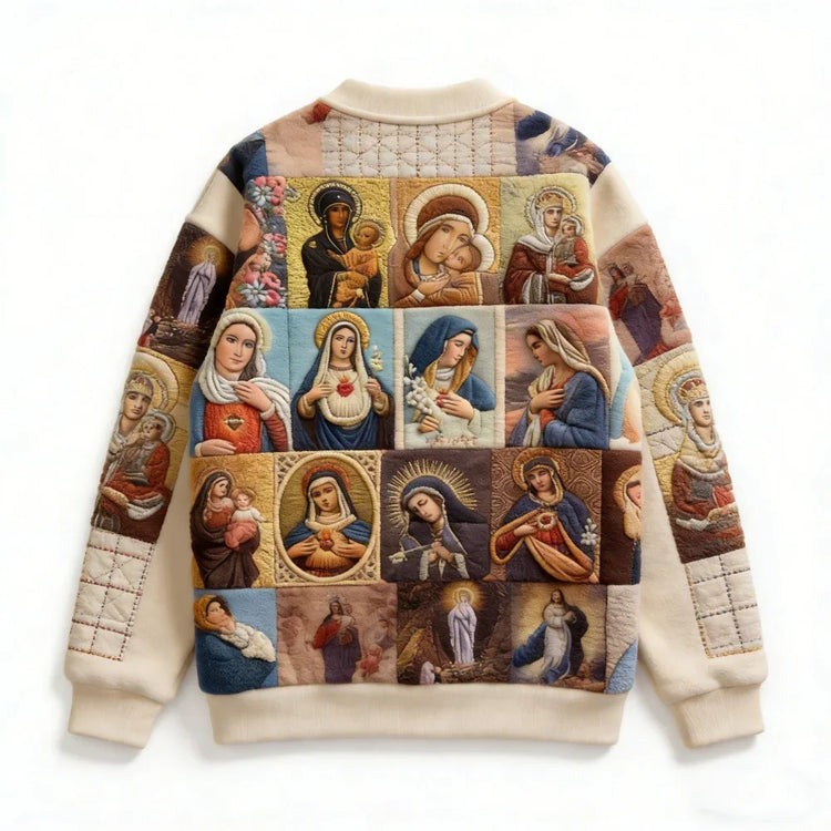 Patchwork bomber jacket with multi-color religious icon prints, quilted texture, relaxed fit.
