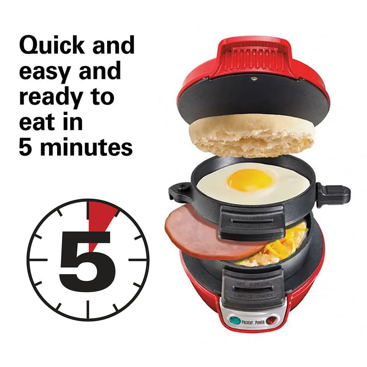 Red breakfast sandwich maker with layers of egg, cheese, ham, and English muffin, timer at 5 minutes.